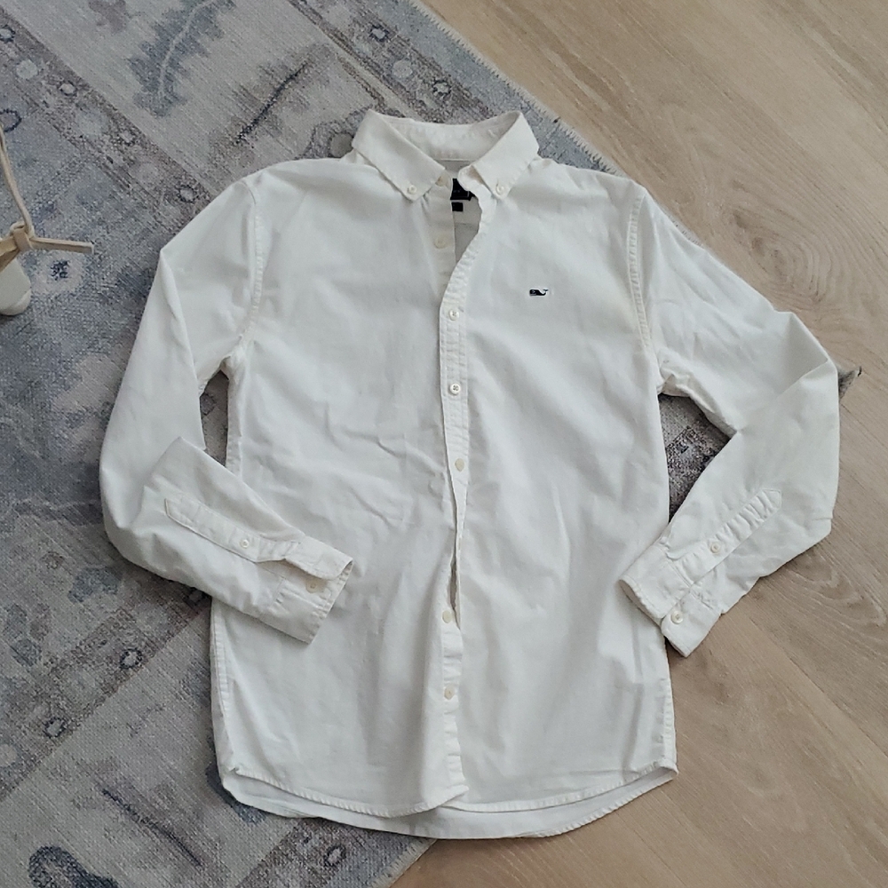 Vineyard Vines Boys White Cotton Spandex Whale Button Up Shirt SzL